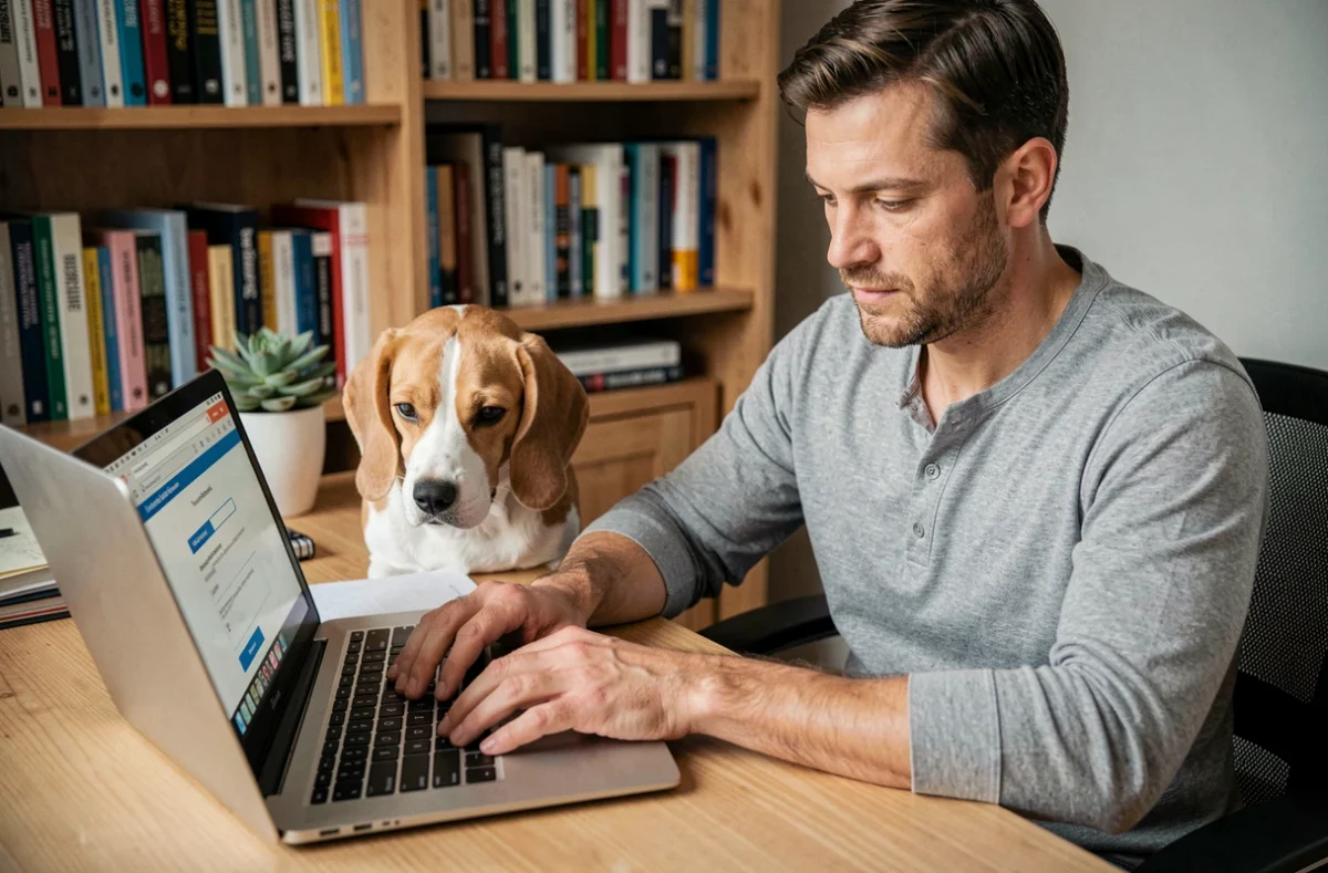 Homme soumettant une demande de remboursement d'assurance pour animaux en ligne depuis son bureau à domicile