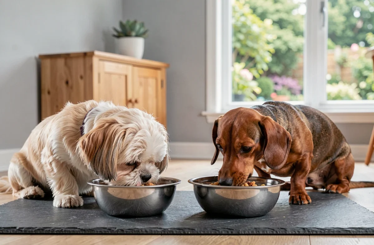 Deux petits chiens Shih Tzu et Teckel mangeant chacun dans leur bol en acier inoxydable sur un tapis ardoise dans une salle à manger lumineuse