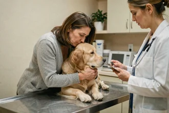Propriétaire et vétérinaire discutant autour d'un vieux chien golden retriever dans une clinique vétérinaire, échange doux et bienveillant