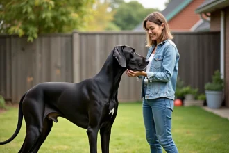 Dogue allemand et femme souriante dans le jardin