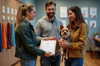 Dresseuse de chien souriante remettant un certificat à un couple avec leur terrier