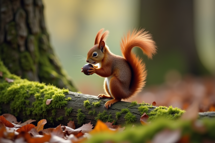 Un écureuil roux debout sur une branche mossy en train d'éplucher une noix