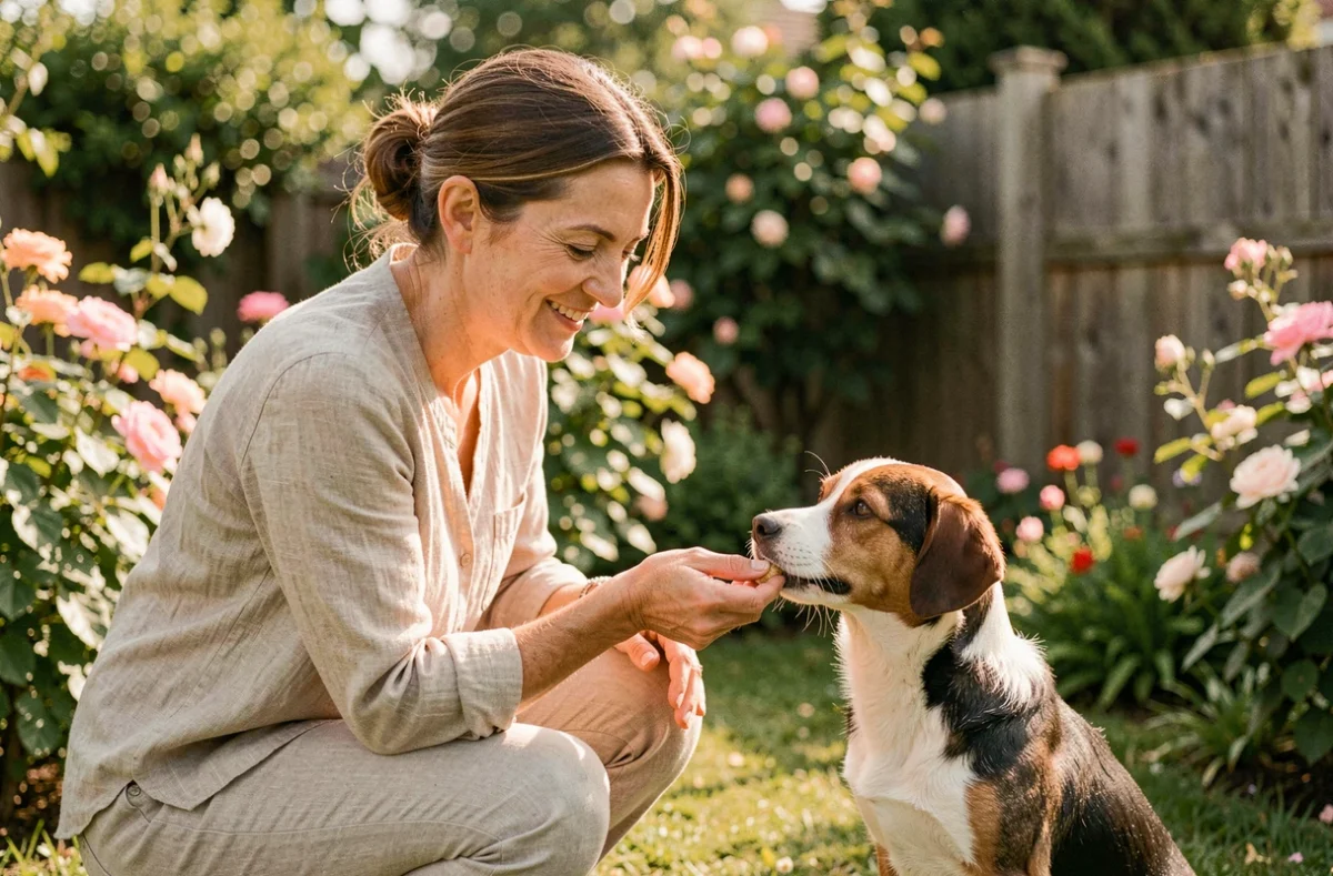 Une éducatrice d'Educ-Positive33 récompensant un chien avec une friandise lors d'une séance de renforcement positif dans un jardin girondin