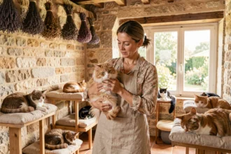 Éleveuse de chats professionnelle entourée de chats de race dans une chatterie provençale aux murs en pierre et aux poutres en bois