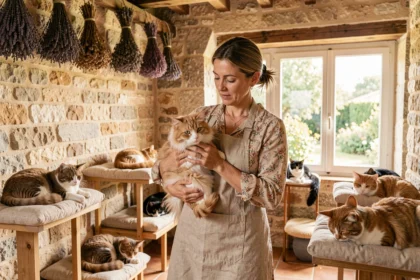 Éleveuse de chats professionnelle entourée de chats de race dans une chatterie provençale aux murs en pierre et aux poutres en bois