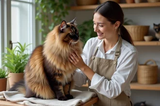 Éleveuse responsable caressant un chat Maine Coon aux longs poils dans un élevage soigné et chaleureux