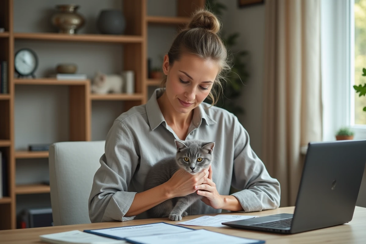 Éleveuse sérieuse tenant un chaton Korat avec des certificats d'élevage officiels sur son bureau