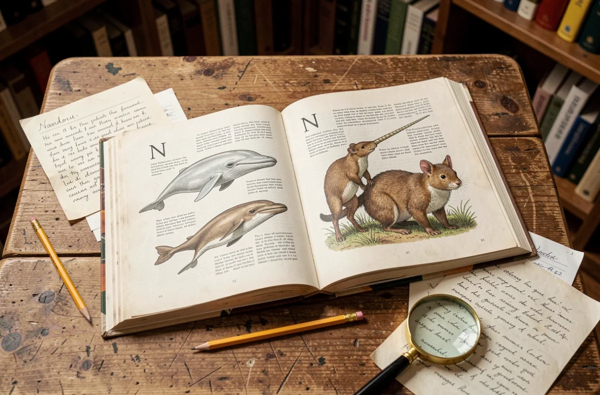 Encyclopédie animalière ouverte sur des illustrations d'animaux en N comme le narval et le nandou, entourée de notes manuscrites sur une table en bois