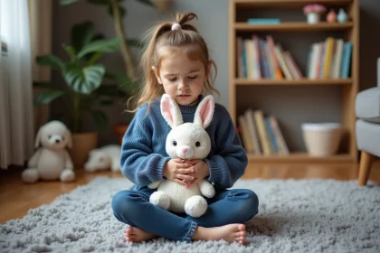 Jeune fille avec jouet lapin dans un salon chaleureux