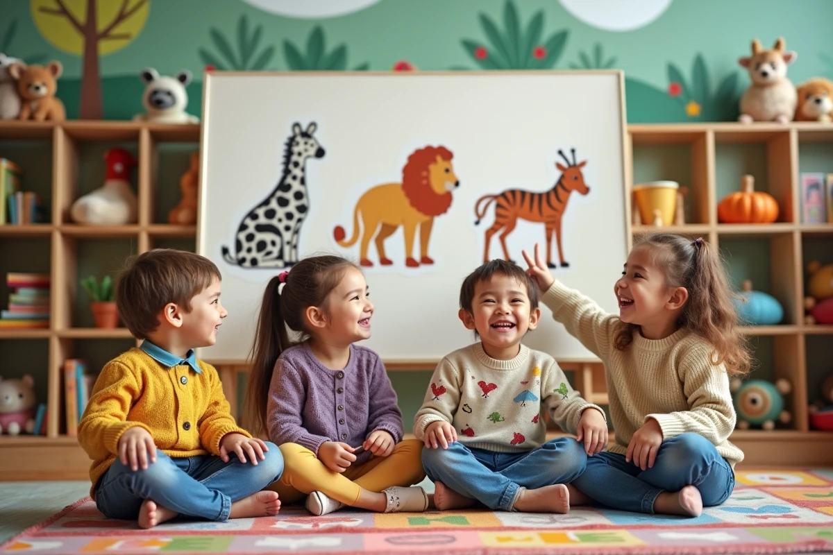 Groupe d'enfants pointant un poster d'animaux dans la classe