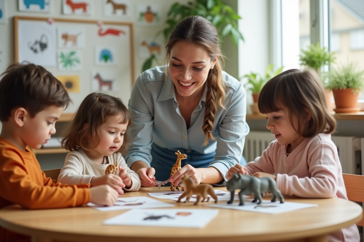 Enseignante avec enfants jouant avec figurines d