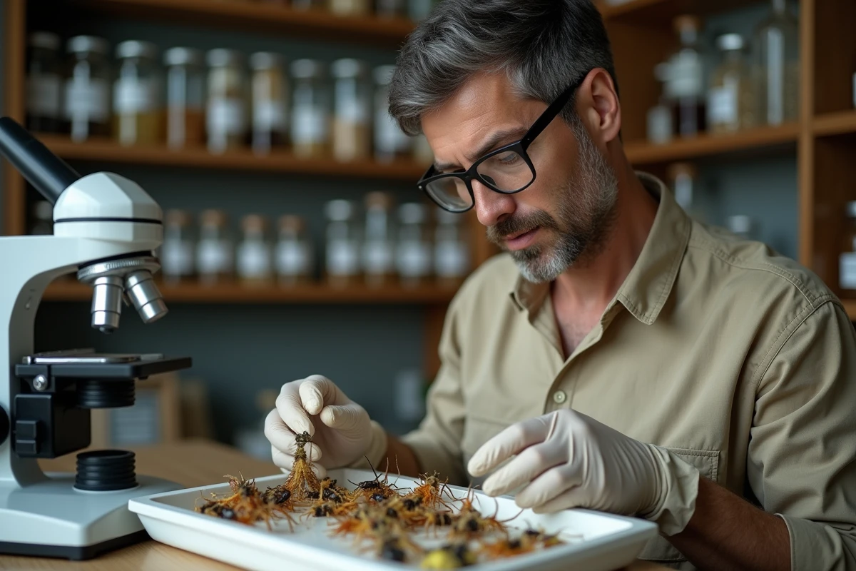 Entomologiste en laboratoire examinant des insectes venimeux sous loupe, dans le cadre d'une étude sur les dangers des insectes pour la santé humaine