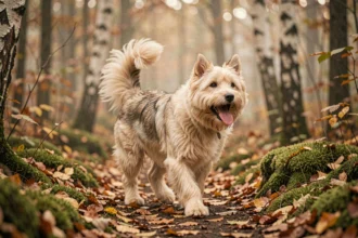 Eurasier en pleine course sur un sentier forestier en automne, illustrant son besoin d'activité physique en plein air