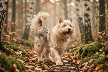 Eurasier en pleine course sur un sentier forestier en automne, illustrant son besoin d'activité physique en plein air
