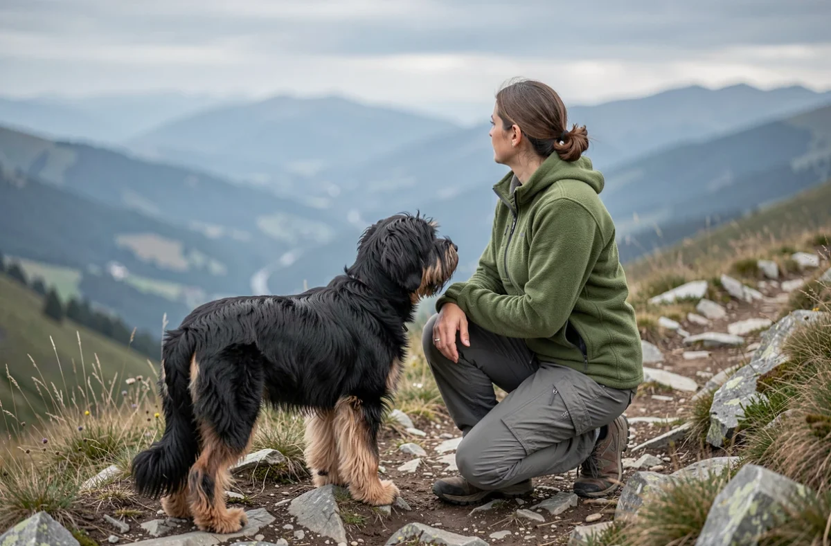 Propriétaire et son chien Eurasier au repos sur un sentier de randonnée en montagne, activité idéale pour cette race active et équilibrée