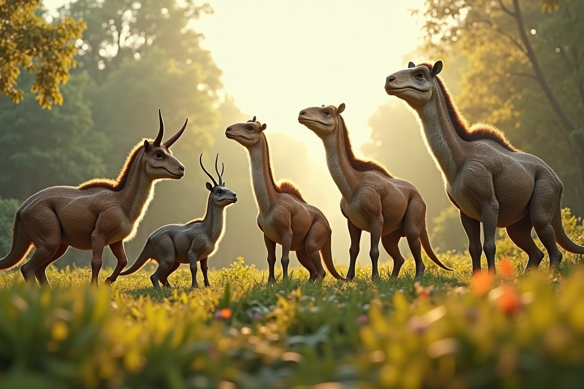 Groupe d'animaux de différentes eras dans un paysage préhistorique