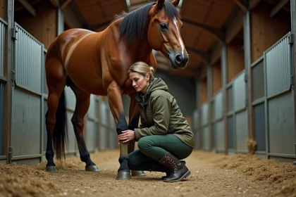 Femme examinant l'engorgement d'un cheval dans une écurie, palpant la jambe gonflée d'un cheval alezan