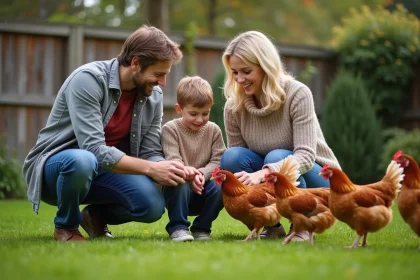 Famille heureuse dans le jardin avec poules Plymouth Rock