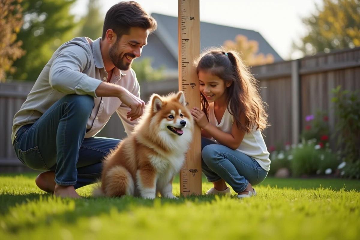 Famille mesurant la taille du Pomsky dans le jardin