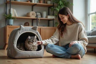 Jeune femme souriante avec chat dans un panier cosy