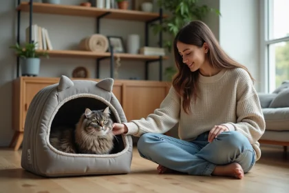 Jeune femme souriante avec chat dans un panier cosy