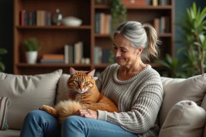 Femme caressant un Maine coon sur son fauteuil