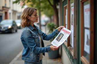 Femme affichant une annonce de chat perdu dans un quartier français