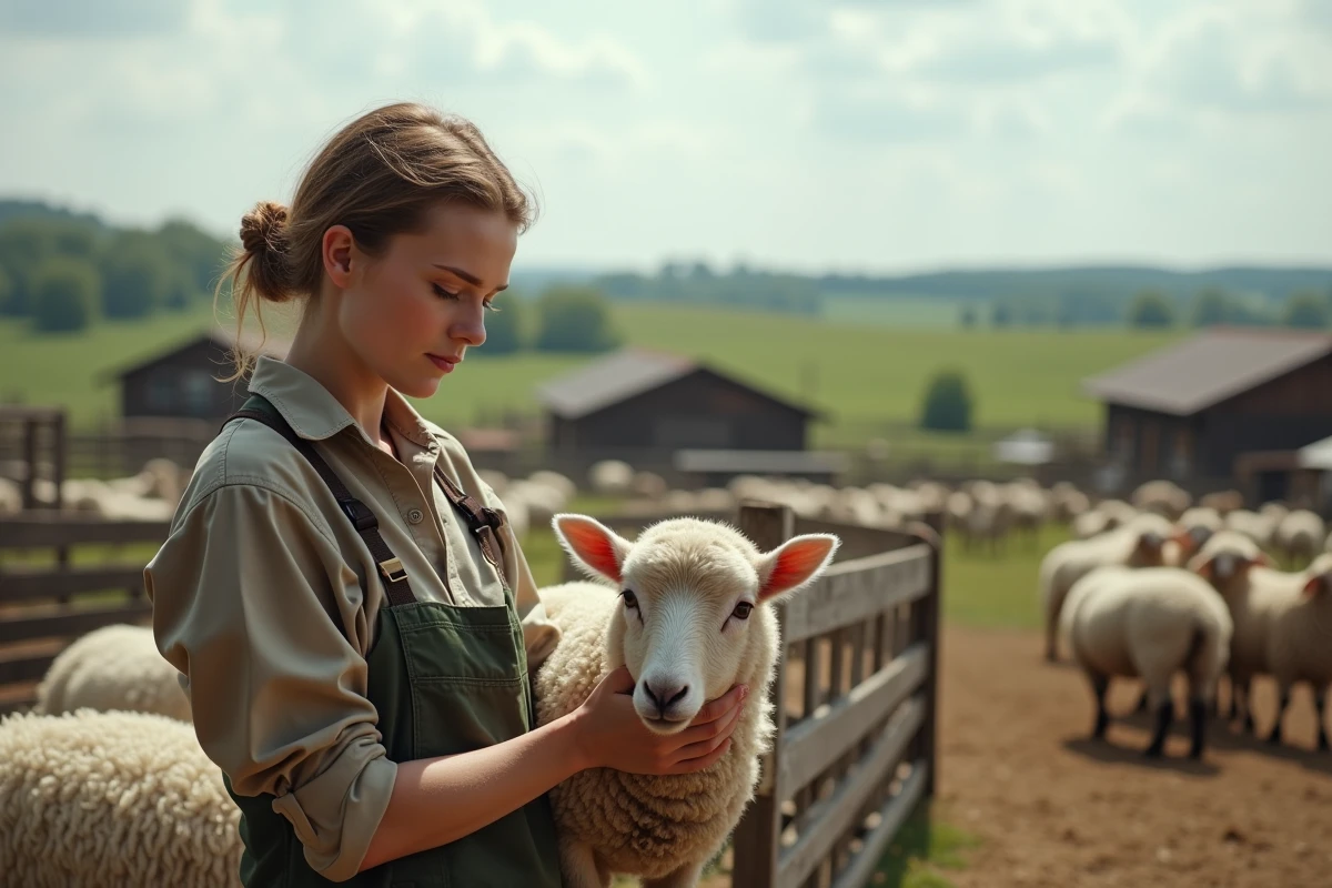 Jeune femme tenant un mouton dans un marché rural