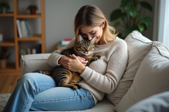 Femme caressant un chat dans un salon moderne et accueillant