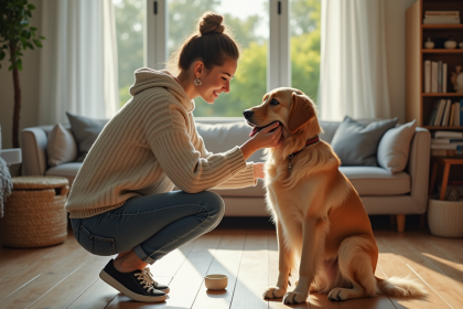 Jeune femme avec un chien doré dans un salon chaleureux