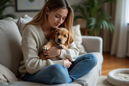 Jeune femme avec un chiot dans un salon cosy