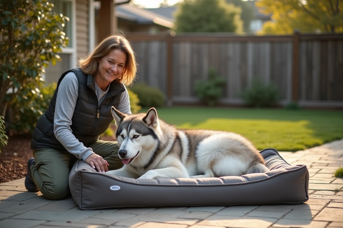 Femme en extérieur près d’un Malamute sur un grand lit orthopédique