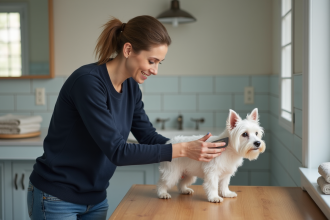 Femme en jean brossant un petit terrier dans la salle de bain