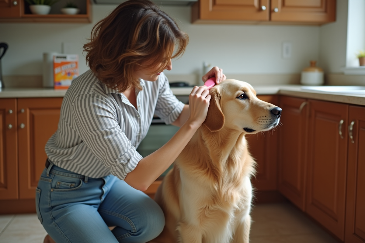 Femme caressant un golden retriever à la maison