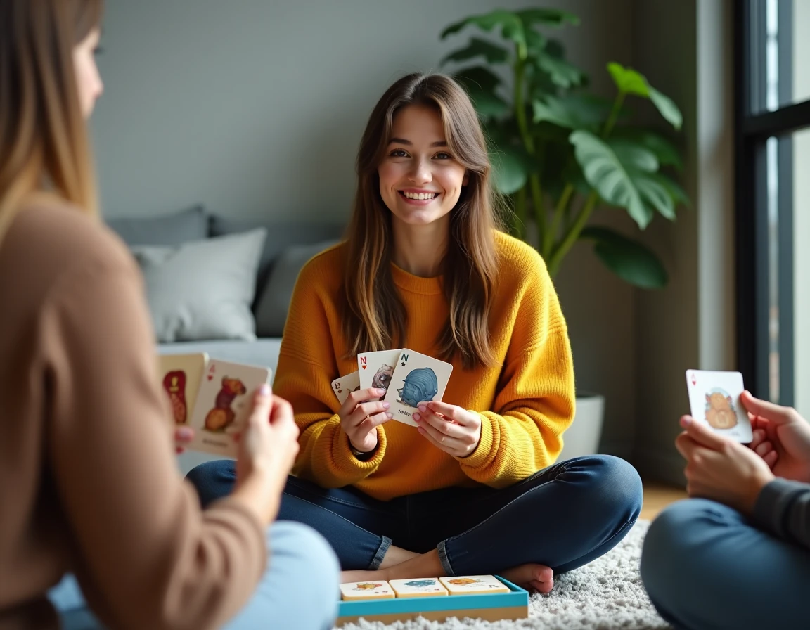 Jeune femme tenant des cartes illustrées d'animaux en N lors d'une partie de jeu de société dans un salon moderne