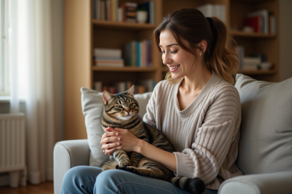 Femme caressant un chat relaxe dans un salon lumineux