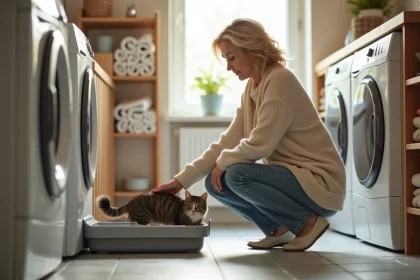 Femme avec chat dans une buanderie lumineuse et propre