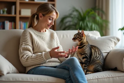 Femme avec chat dans un salon cosy et lumineux