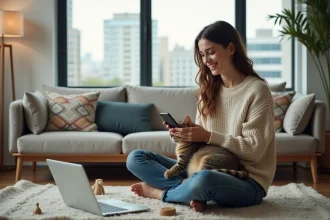 Femme souriante avec son chat dans un salon moderne