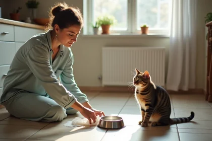 Femme en pyjama nettoyant son chat dans la cuisine ensoleillee