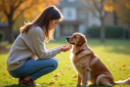 Femme en sweater et jeans avec un chien golden retriever dans un parc