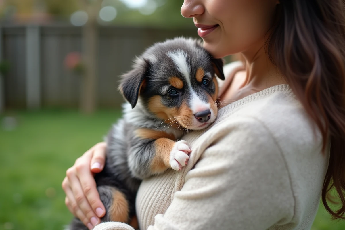 Femme tenant affectueusement un chiot Berger Australien dans ses bras dans un jardin résidentiel