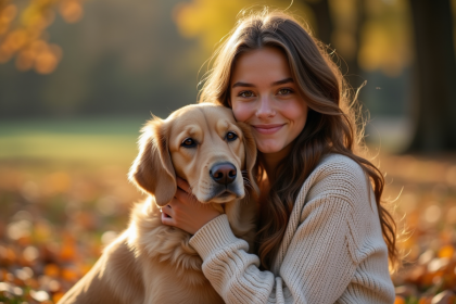 Jeune femme avec chien golden retriever en nature