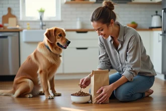 Femme versant des croquettes ultra premium dans un bol pour son golden retriever dans une cuisine moderne