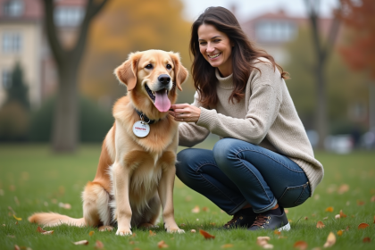 Femme souriante avec son chien dans un parc urbain