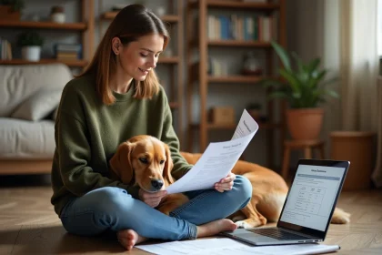 Femme consultant des documents de mutuelle pour chien avec son golden retriever sur les genoux