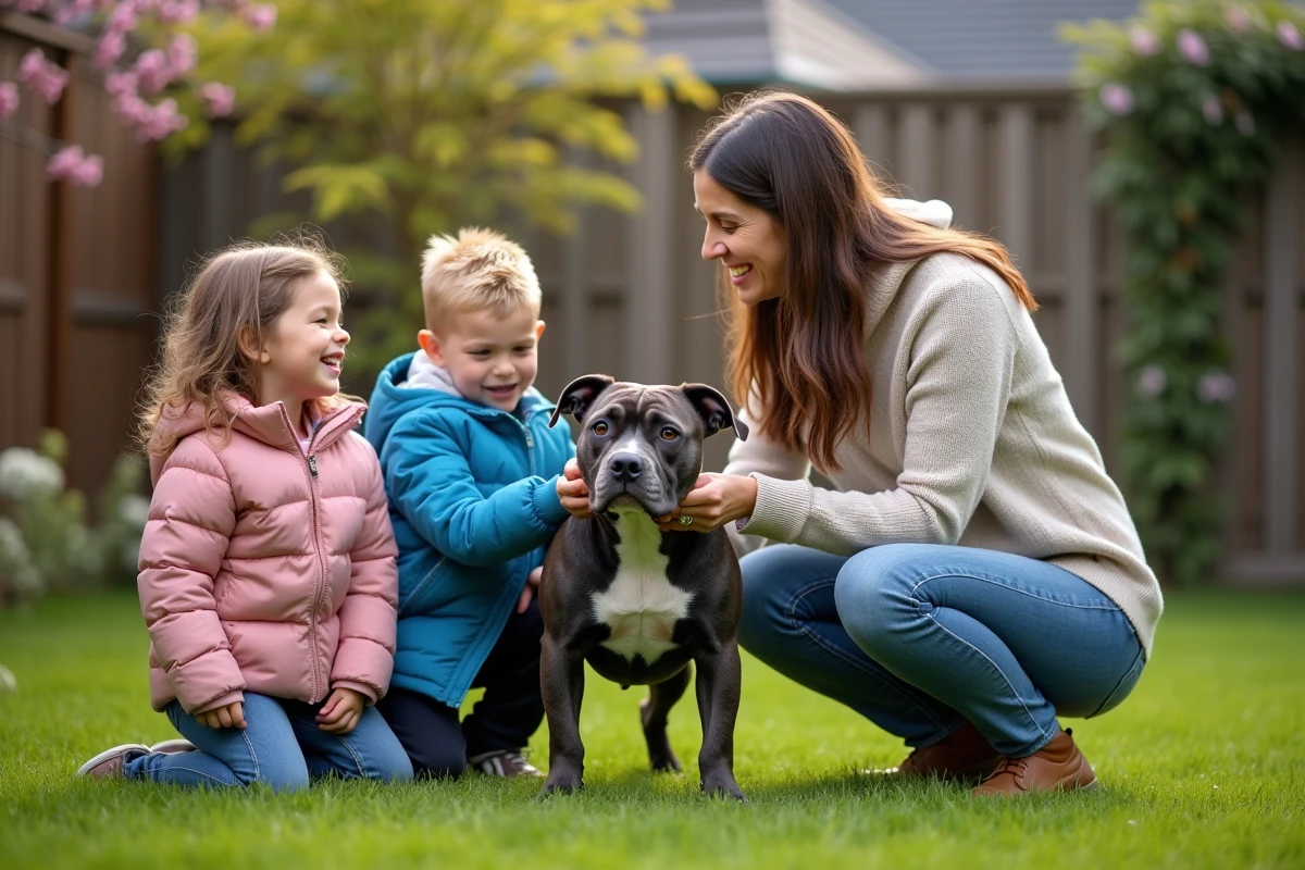 Femme et enfants avec un chien dans le jardin