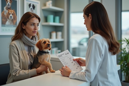Femme inquiète avec son chien dans une clinique vétérinaire