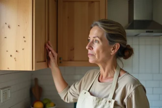 Femme inspectant des insectes dans un coin de cuisine en bois, conseils pour limiter la présence d'insectes à domicile