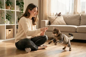 Femme jouant avec son chat d'intérieur tabby à l'aide d'une canne à plumes dans un salon chaleureux